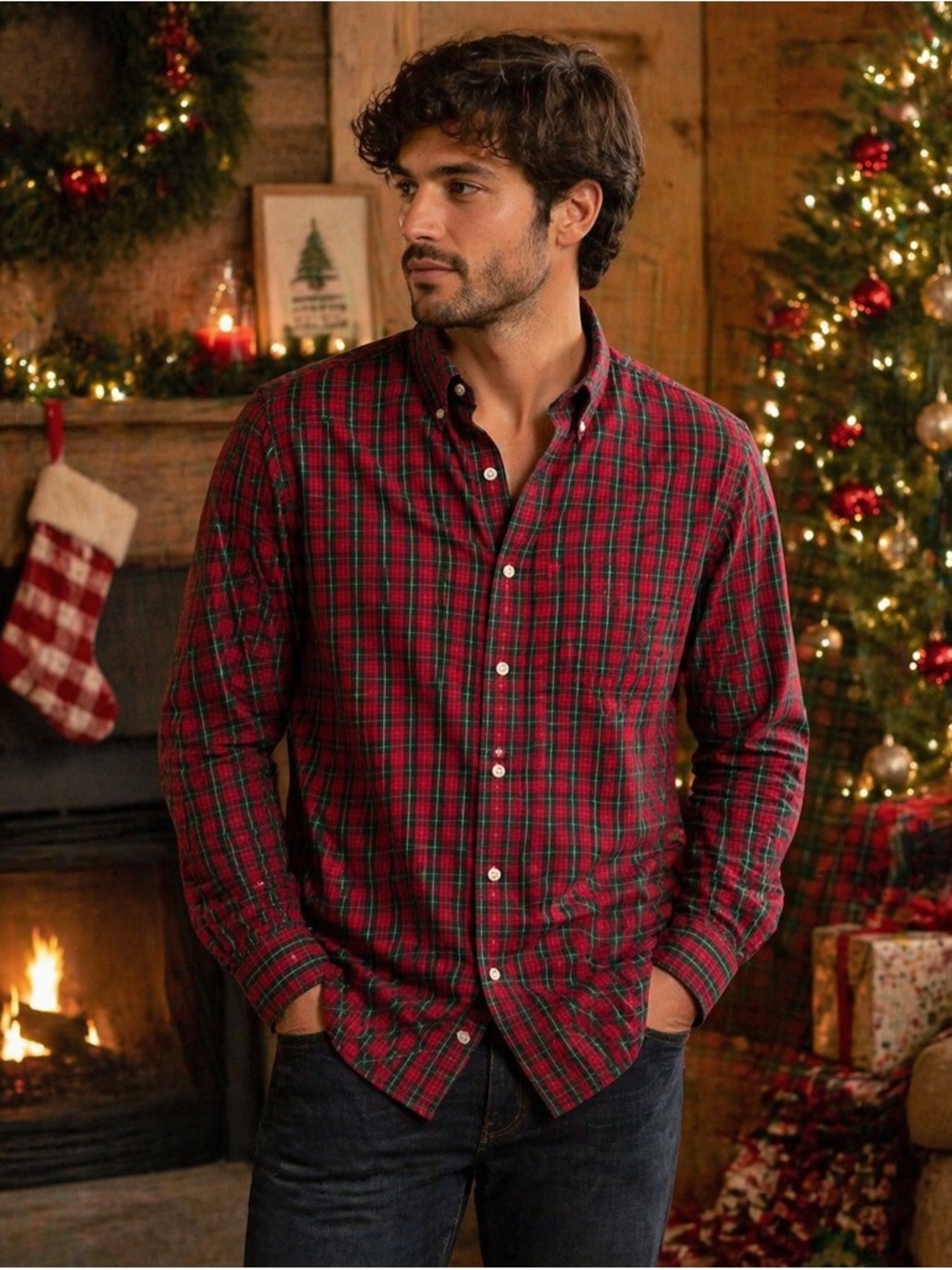 Chaps Red Plaid Shirt Men Large Christmas Holiday Tartan Flannel Festive Outfit